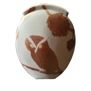Studio Pottery Handpainted Ceramic Owl Vase  Cream Bronze 5x8 In Vtg Signed